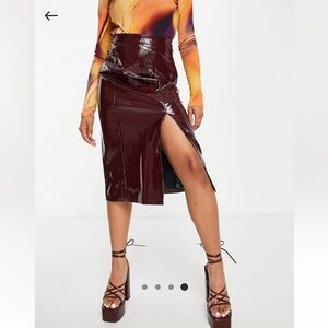 Topshop Burgundy Croc Patent Leather Midi Skirt Size 8